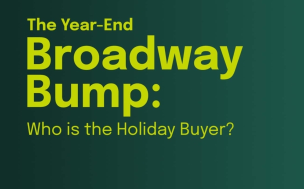 Graphic with words in yellow on a green background that says: The Year-End Broadway Bump: Who is the Holiday Buyer?